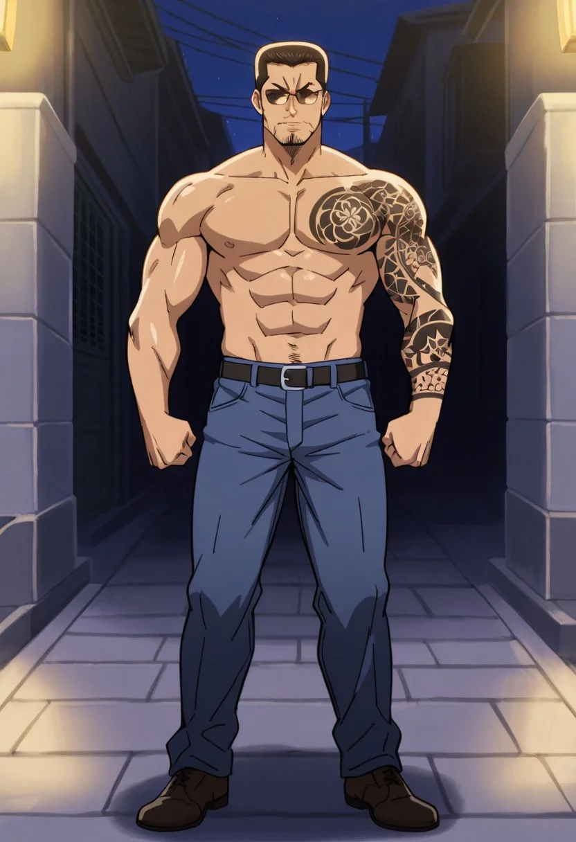 score_9, score_8_up, score_7_up, score_6_up, source_anime, BREAK, 1man, solo, (( <lora:kataoka_tesshin:1> , kataoka_tesshin, piercing dark brown eyes, clear eyes, strict eyes, strong muscular toned body, manly, strong male, alfa male, light tanned skin, short brown hair, hair gelled back, short brown circle beard, chad male, charismatic male, )) , ((very cool brown-lens sunglasses, )) kataoka_tesshin as a yakuza walking on the streets of kabukicho, (masterpiece, ultra high quality), full body, (irezumi, tattoos:1.6), intricate details, extreme high detail background, outdoor, full body, solo, high detailed face, muscular, night, high detail beautiful face, jeans,