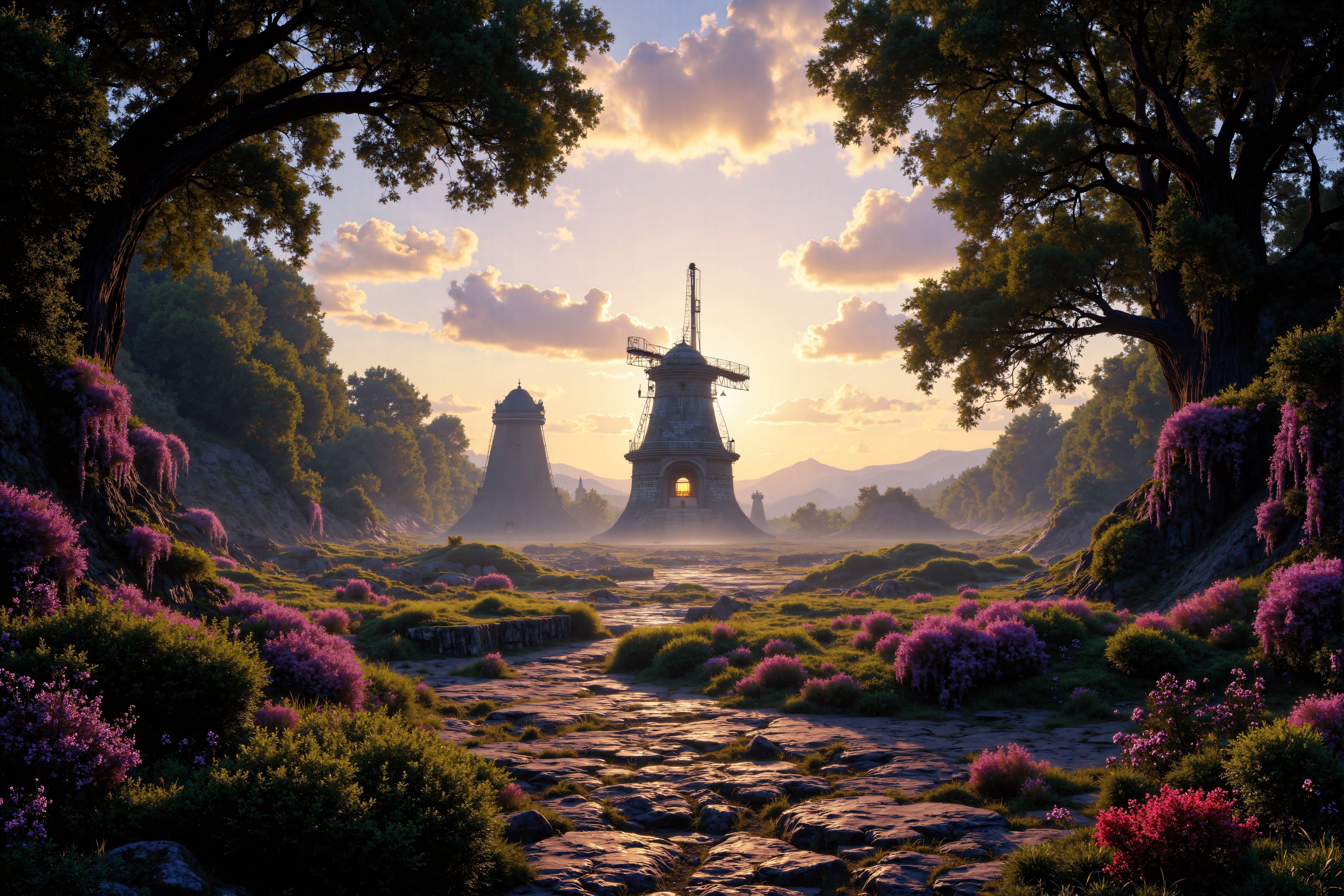 <lora:Legacy_of_the_forerunners_v.2:0.75>
artilands02
aidmafluxpro1.1
detailed background, A park with wisteria flowers in bloom, wisteria flowers in full bloom, a faint glimpse of the sky, sunrise sky, beautiful clouds, dappled sunlight, I can see a windmill in the distance, depth of field, masterpiece, best quality, ultra-detailed, very aesthetic, illustration, perfect composition, intricate details, absurdres, moody lighting, wisps of light, no humans,