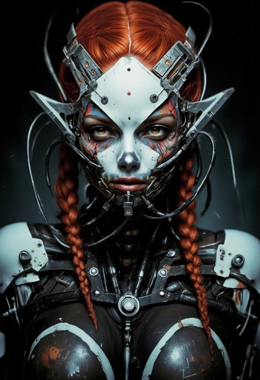 A haunting, dark portrait of a woman, her face a fusion of organic and mechanical elements in the style of H.R. Giger. The close-up shot reveals a biomechanical mask that has grown into her skin, a grotesque yet beautiful merging of flesh and metal. The mask appears almost alive, made from a nightmarish blend of organic tissues and cold, industrial materials — wires and cables intertwining with veins and sinew, wrapping around her jaw and temples. Metallic plates, some rusted and others gleaming, seamlessly meld into her pale, ghostly skin, creating a disturbing yet fascinating symmetry.
Her red hair, tightly bound into braids, contrasts with the twisted metal and organic tendrils extending from the mask, some of them snaking down the back of her neck. The dark, shadowy environment barely illuminates her face, with faint neon and cybernetic lights casting eerie reflections across her biomechanical features. Her eyes, filled with cold intensity, peer out from behind the mask, showing the last traces of her humanity within the cold, biomechanical form.
The fusion of flesh and machine, organic and metallic, creates an unsettling, dystopian beauty, where the boundaries between life and technology blur. The intricate detailing of the mask, with its alien, otherworldly design, captures the dark essence of Giger's biomechanical art, as the woman’s face stands frozen in a moment of both suffering and strength.