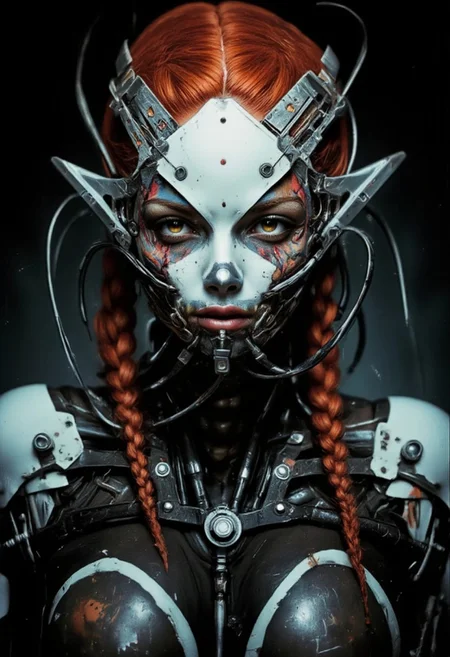 A haunting, dark portrait of a woman, her face a fusion of organic and mechanical elements in the style of H.R. Giger. The close-up shot reveals a biomechanical mask that has grown into her skin, a grotesque yet beautiful merging of flesh and metal. The mask appears almost alive, made from a nightmarish blend of organic tissues and cold, industrial materials — wires and cables intertwining with veins and sinew, wrapping around her jaw and temples. Metallic plates, some rusted and others gleaming, seamlessly meld into her pale, ghostly skin, creating a disturbing yet fascinating symmetry.
Her red hair, tightly bound into braids, contrasts with the twisted metal and organic tendrils extending from the mask, some of them snaking down the back of her neck. The dark, shadowy environment barely illuminates her face, with faint neon and cybernetic lights casting eerie reflections across her biomechanical features. Her eyes, filled with cold intensity, peer out from behind the mask, showing the last traces of her humanity within the cold, biomechanical form.
The fusion of flesh and machine, organic and metallic, creates an unsettling, dystopian beauty, where the boundaries between life and technology blur. The intricate detailing of the mask, with its alien, otherworldly design, captures the dark essence of Giger's biomechanical art, as the woman’s face stands frozen in a moment of both suffering and strength.