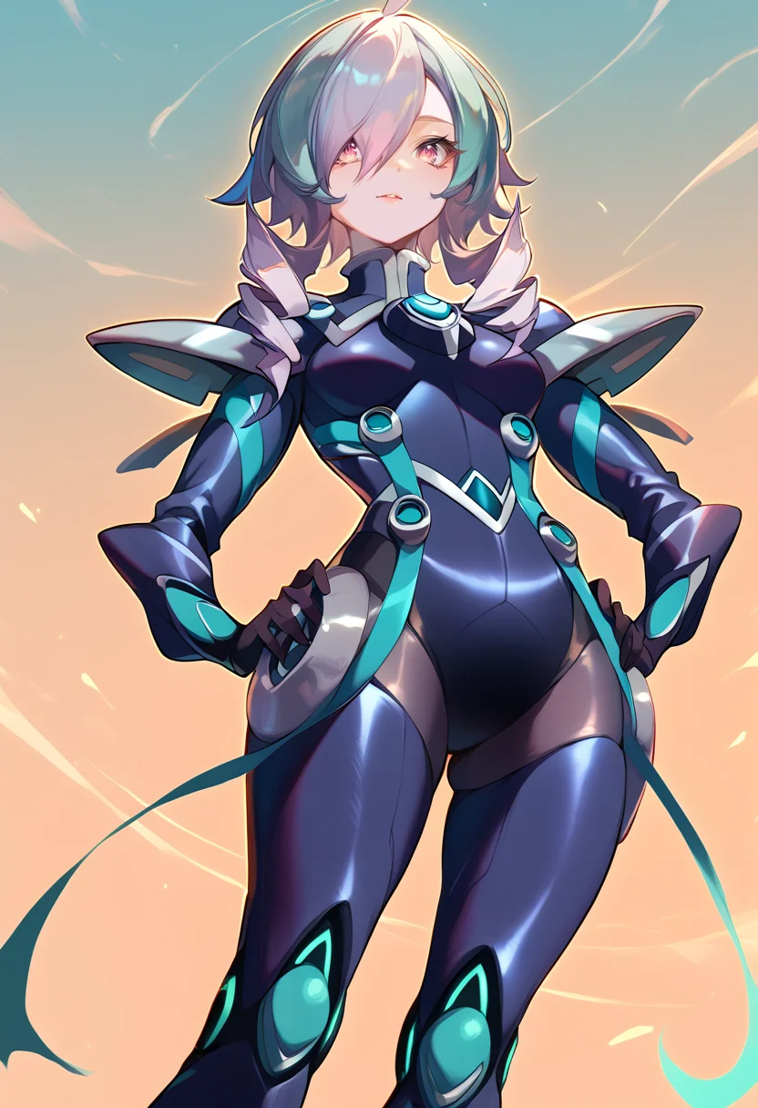 (score_9:0.9),score_8_up,score_7_up,anime style,rating_safe,(zPDXL),<lora:sky striker ace - camellia ponyXL v2:0.84>,sky striker ace - camellia,black battle costume, hands on own hips,