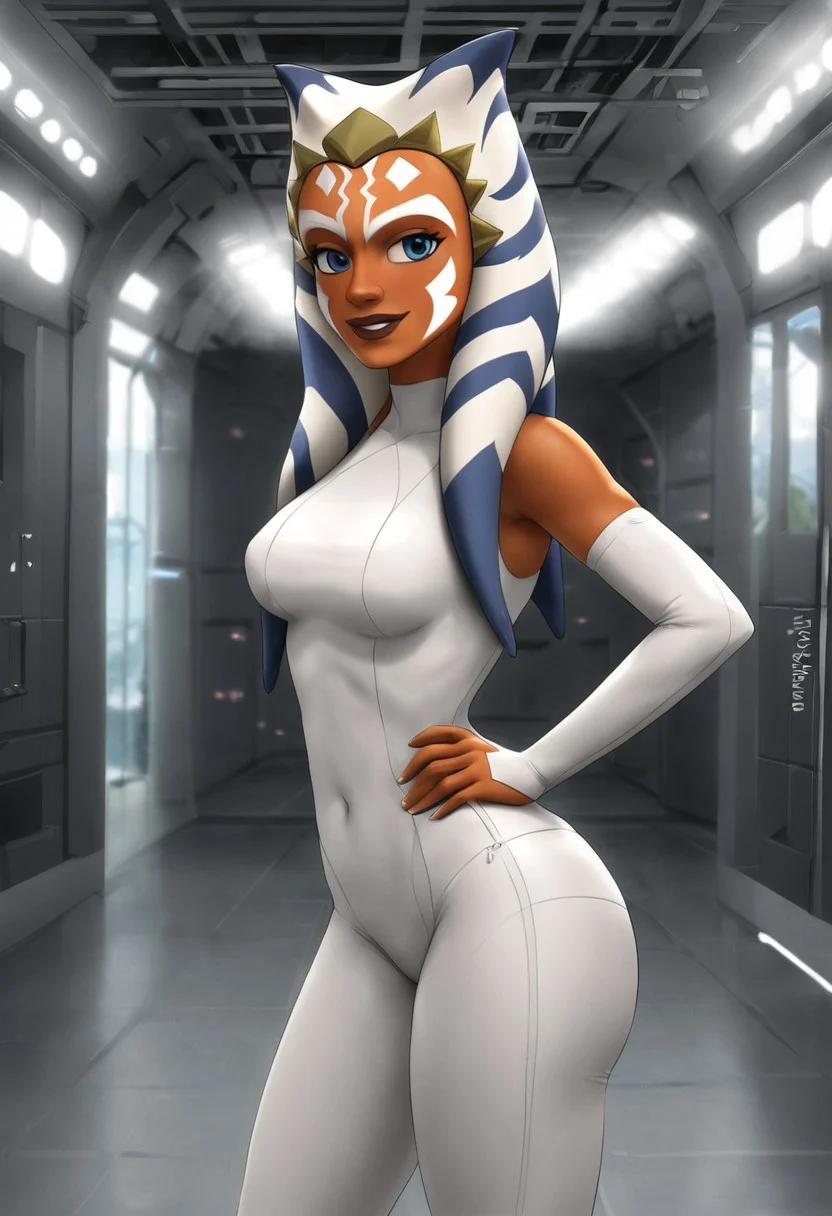 ahsoka tano, from star wars the clone wars, medium breasts, small waist, heart shaped face, smiling, sharp eyes, wide hips, thick thighs, slender, Standing, body suit, white plugsuit, in a spacecraft looking at the viewer, moonlight, seen from the side, male pov, JJROOM, SkinDetailNeg, OverallDetail, fcNeg, By bad artist, scenery.