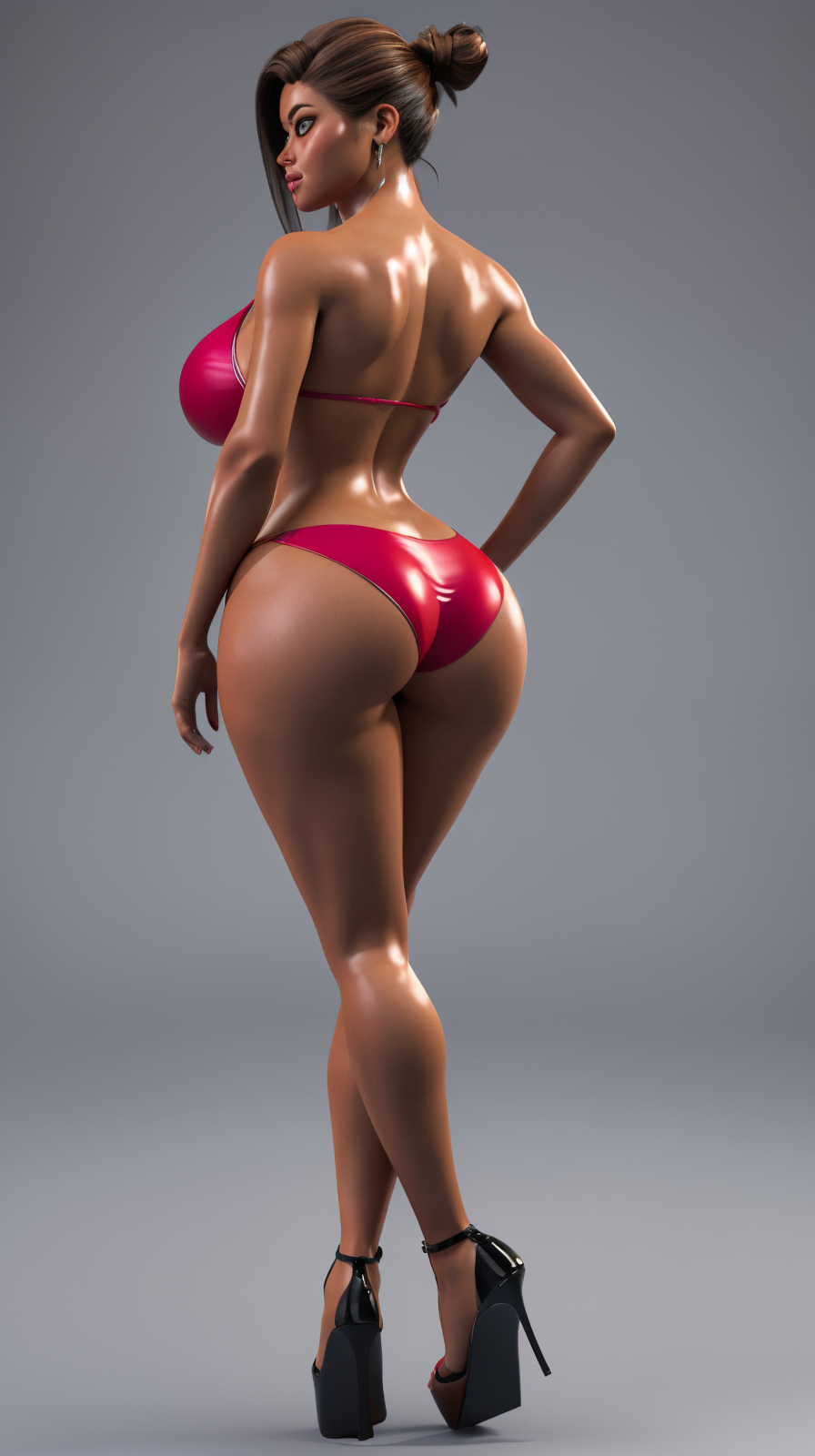 high detailed, masterpiece 1girl character in a red bikini, from back, looking at viewer, ((perfect eyes)), high heels, perfect hands, big breast, wide hips, thick thighs, updo hair, brown hair, white skin, ultra realistic digital art, a 3D render, photorealism, taziotastyle <lora:T4zi0t4:0.8>