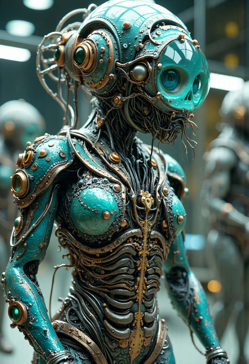 A hyper-realistic biomechanical octopus humanoid, intricately detailed with a seamless fusion of organic and mechanical elements. The head is encased in a clear glass sphere, adorned with multiple protruding metallic eye-like structures of varying sizes. Tentacles emerge from beneath the glass, cascading down the torso in a mesmerizing array of textures. The body is a masterpiece of sculpted metallic alloys, featuring smooth curves and bio-inspired patterns reminiscent of cephalopod anatomy. Iridescent blue-green hues dominate, with highlights of bronze and silver accents. The torso is punctuated by transparent orbs and intricate tubular structures, suggesting internal bioluminescence. Tentacle-like appendages wrap around the arms and extend from the lower body, their suckers rendered with photorealistic precision. The entire figure stands in a sterile, high-tech laboratory environment, bathed in cool, diffused lighting that accentuates every minute detail of its otherworldly form. Impeccable craftsmanship is evident in the seamless blend of hard edges and fluid organic shapes, creating a captivating juxtaposition of the familiar and the alien.