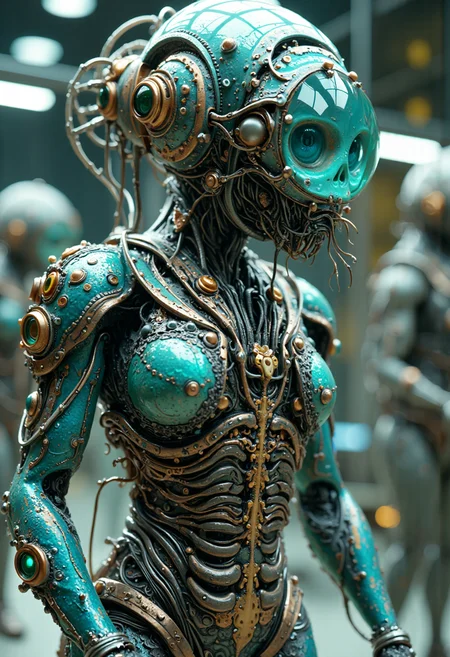 A hyper-realistic biomechanical octopus humanoid, intricately detailed with a seamless fusion of organic and mechanical elements. The head is encased in a clear glass sphere, adorned with multiple protruding metallic eye-like structures of varying sizes. Tentacles emerge from beneath the glass, cascading down the torso in a mesmerizing array of textures. The body is a masterpiece of sculpted metallic alloys, featuring smooth curves and bio-inspired patterns reminiscent of cephalopod anatomy. Iridescent blue-green hues dominate, with highlights of bronze and silver accents. The torso is punctuated by transparent orbs and intricate tubular structures, suggesting internal bioluminescence. Tentacle-like appendages wrap around the arms and extend from the lower body, their suckers rendered with photorealistic precision. The entire figure stands in a sterile, high-tech laboratory environment, bathed in cool, diffused lighting that accentuates every minute detail of its otherworldly form. Impeccable craftsmanship is evident in the seamless blend of hard edges and fluid organic shapes, creating a captivating juxtaposition of the familiar and the alien.