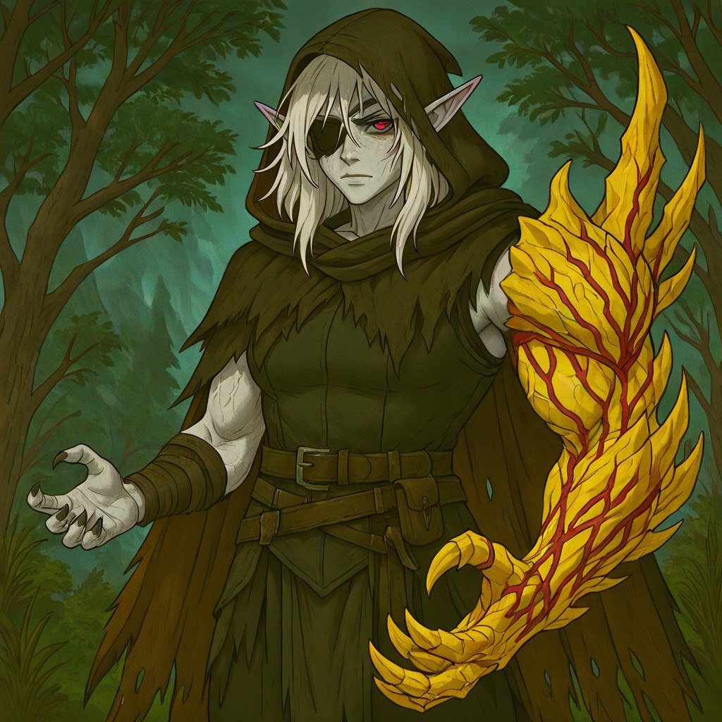 masterpiece, best quality, newest, absurdres, highres, DARV1.0, prosthetic arm, prosthesis, veins, claws, 
1boy, pale, pale skin, grey skin, hood, hooded cape, rogue, assasin, dark elf, pointy ears, eyepatch,