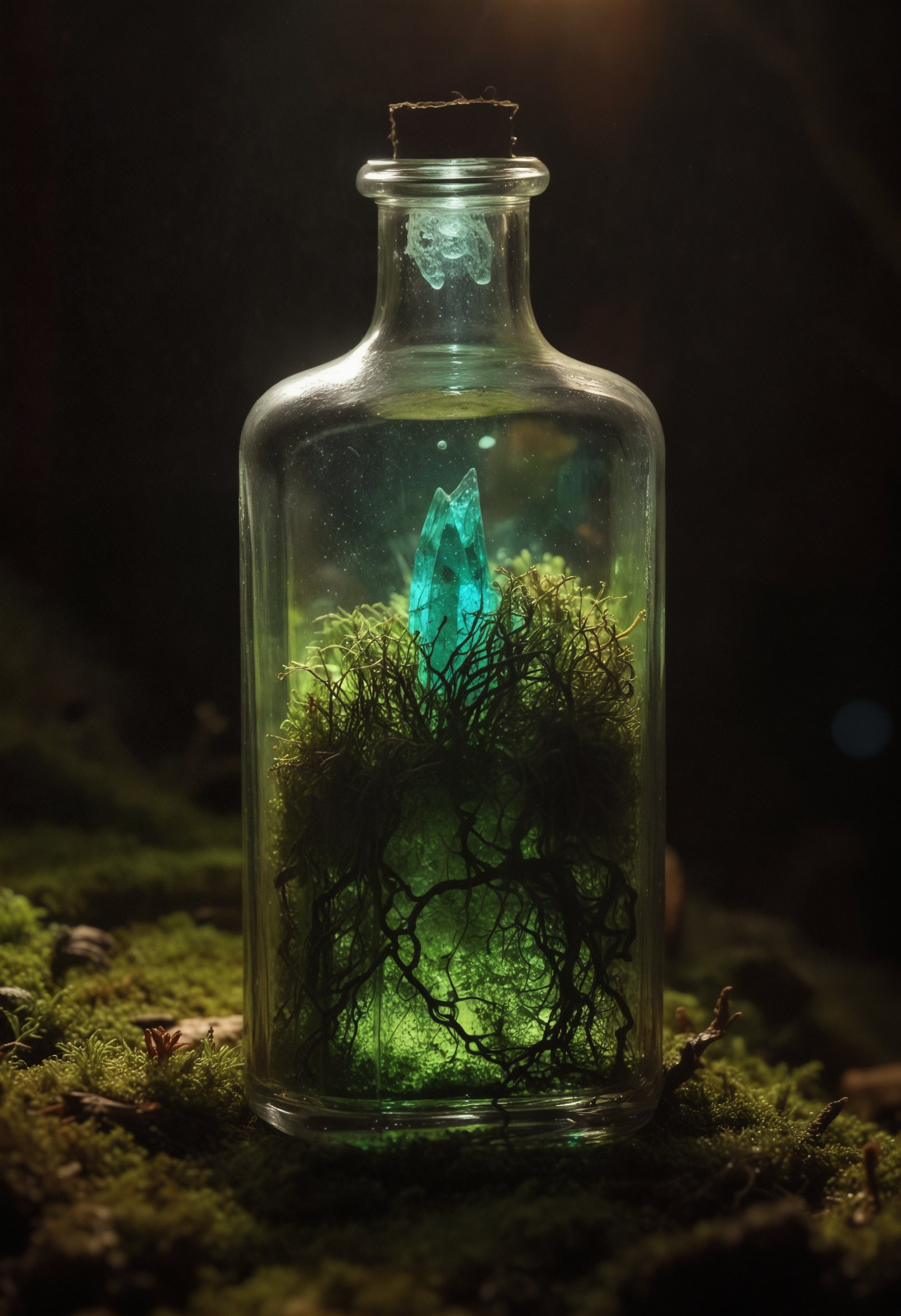 High-contrast close-up photograph, magical glowing moss-covered crystal in antique glass bottle, ethereal beauty, expert lighting techniques, intricate details, vibrant hues, shallow depth of field, otherworldly atmosphere, wonder, enchantment, roots