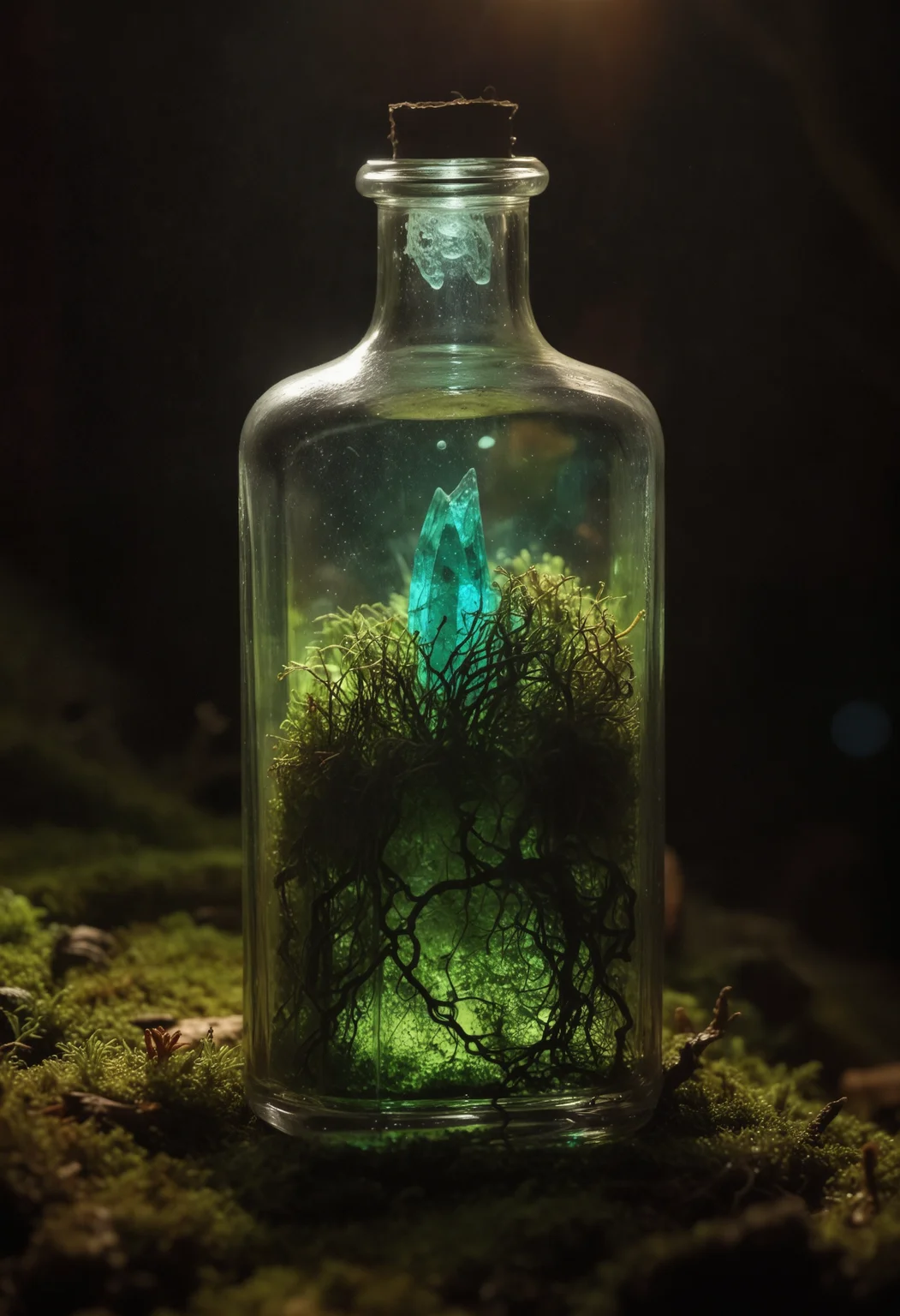 High-contrast close-up photograph, magical glowing moss-covered crystal in antique glass bottle, ethereal beauty, expert lighting techniques, intricate details, vibrant hues, shallow depth of field, otherworldly atmosphere, wonder, enchantment, roots