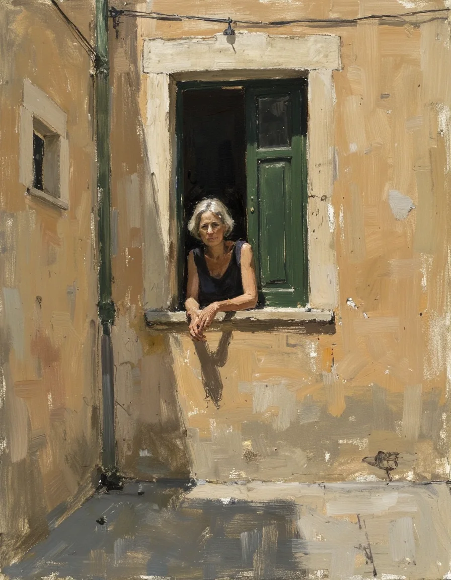 a back alley of Provence, France with a beautiful older woman looking out of an open window