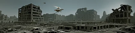 a detailed scaled (small spacecraft hovering over) a modern building in front of a (city in ruins:1.2).
 <lora:Wasteland:0.50> Wasteland, the, and, with, wasteland, background