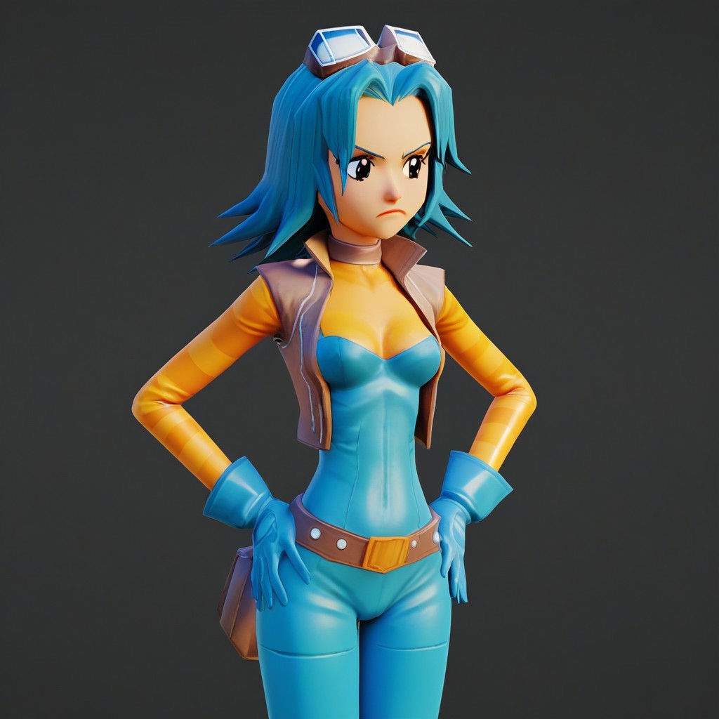,score_9,score_8_up,score_7_up,score_6_up,retro art style, 1girl, solo, goggles, gloves, blue hair, goggles on head,detailed eyes, black eyes, bodysuit,breast, 3d, 3d model, standing, hands on hips, bored, tired,tilted angle, close up, top half,