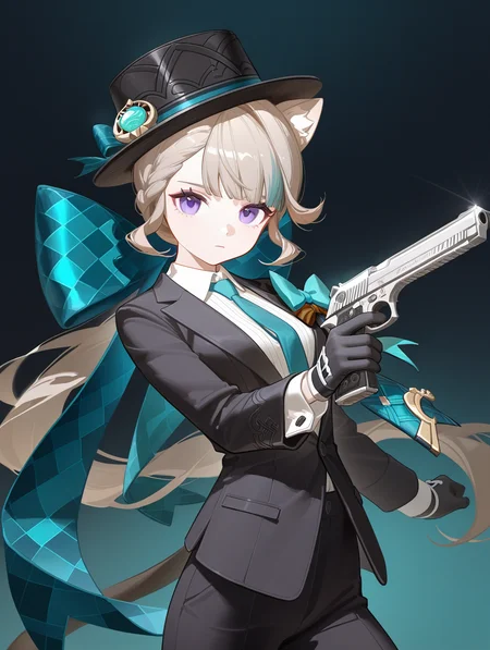 [tianliang duohe fangdongye],[sho_(sho_lwlw)],[[artist:ningen_mame]],[artist:ask_(askzy)], lynette \(genshin impact\), genshin impact, 1girl, ((black suit)), black pants, long sleeves, white buttoned shirt, collared shirt, teal necktie, nodding, black hat, looking at viewer, glare, closed mouth, dark background, dynamic lighting, underlightling, handgun, ((desert eagle)), dynamic pose, teal smoke background, black gloves,
,masterpiece,best quality,newest,