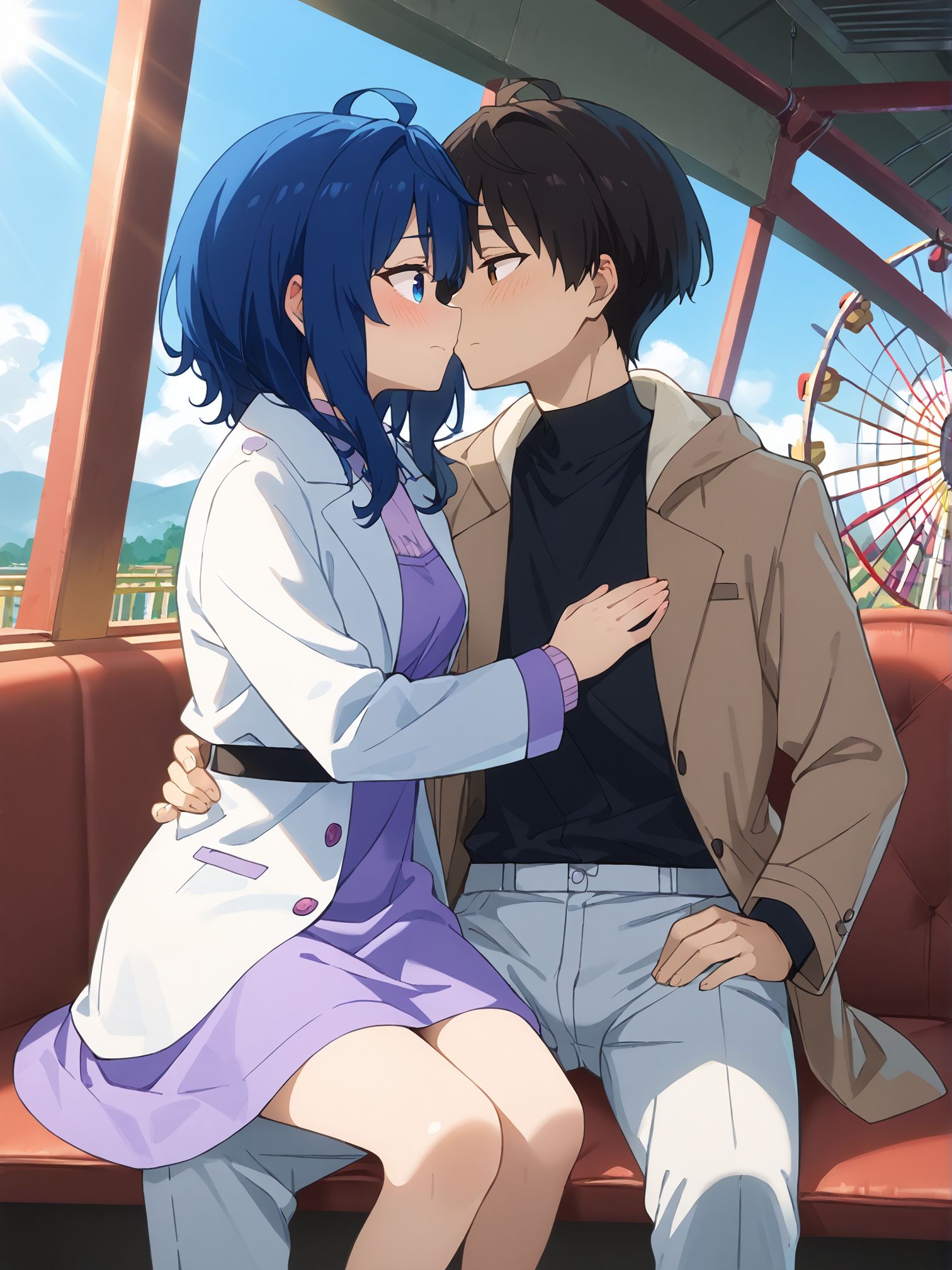 score_9,score_8_up,score_7_up,masterpiece, best quality, <lora:WHM 0.2v:0.5>, WHM, 2D,anime, 
hetero, (1boy), 1girl,  trapped together, cramped, enclosed,in Ferris Wheel room,  cuddling, bulge, window, sunlight, facing another, 
 embarrassed, sitting in Ferris Wheel,  seat,hand on hip,imminent kiss, 
BREAK
hetero, (1boy), 1girl,  trapped together, cramped, enclosed,in Ferris Wheel room,  cuddling, bulge, window, sunlight, facing another, 
 embarrassed, sitting in Ferris Wheel,  seat,hand on hip,imminent kiss, 
1girl, <lora:anna_yanami_anime_v7-soralz:0.6>, anna yanami, blue hair, medium hair, ahoge, blue eyes, white coat, long sleeves, purple dress,open jacket, 
BREAK
hetero, (1boy), 1girl,  trapped together, cramped, enclosed,in Ferris Wheel room,  cuddling, bulge, window, sunlight, facing another, 
 embarrassed, sitting in Ferris Wheel,  seat,hand on hip,imminent kiss, 
<lora:kazuhiko_nukumizu_anime_v2-soralz:0.6>, kazuhiko nukumizu, short hair, black hair, ahoge, brown eyes, winter coat, hood down, draw strings, brown coat, fur trim, black shirt,long pants,
