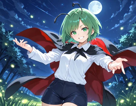 score_9, score_8_up, score_7_up,  <lora:sdxl_lightning_8step_lora:1> BREAK 
source_anime, best quality, masterpiece, rating_safe <lora:Copics_v2:0.3:lbw=1,1,1,0,0,0,1,1,1,1,1,1> BREAK 
1girl,solo,   BREAK 
<lora:wriggle_nrm_pony:1> wriggleN, wriggle nightbug, antennae, green hair, short hair, swept bangs, green eyes,
white shirt, collared shirt, two-sided cape, red cape, black cape, long sleeves, short sleeves, black shorts, blue shorts, looking at viewer, smile, standing, 
outside, night, night sky, grass,firefly, scenery, wide shot,moon,moonlight, dutch angle, cowboy shot,