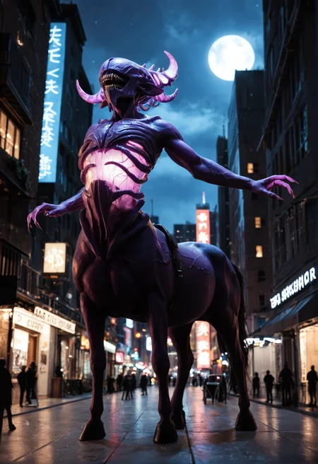 <lora:bane_v1:1> bane_v1,
1boy, pokemon (creature), alien, monster, centaur,
teeth, sharp teeth, open mouth,
purple skin, colored skin,
claws, extra arms, four arms,
no eyes,
purple horns,
glowing ,
horror \(theme\),, score_9, score_8_up, score_7_up, score_6_up, derpibooru_p_95,
detailed eyes, beautiful, detailed background, perfect eyes,
blur censor, blurry, blurry background, blurry foreground, bokeh, motion blur,
chromatic aberration, depth of field, figure, focused, focus
photography, realistic sun light and shadows, photorealism, UHD --ar 9:16 --style raw --stylize 700,
solo,
The image shows a silhouette of a person floating above a city at night. The person appears to be in mid-air with their arms and legs stretched out in front of them. The city below is filled with tall buildings and skyscrapers and the lights from the buildings are shining brightly. The sky is dark and the city is lit up with a blue glow creating a sense of depth and mystery. The image is taken from a high vantage point looking down on the city below. The overall mood of the image is surreal and dreamlike.,