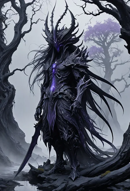 ICreate a full-body image of a dark elf warrior in a haunting, mysterious landscape. The warrior is clad in obsidian-black armor with intricate silver and deep purple etchings that seem to absorb and reflect light in unnatural ways. Their skin is pale ash-gray, with piercing violet or silver eyes that glow with an inner, unsettling luminescence. Long, jet-black hair flows like liquid shadow, slightly moving as if caught in an ethereal breeze.
The magical sword is crafted from a material that looks like twisted darkness - a blade that seems to absorb light rather than reflect it, with faint, ghostly runes that whisper and shift when not directly looked at. Spectral tendrils of midnight-blue and deep purple energy curl around the blade.
The surrounding landscape is a nightmarish realm of twisted, petrified trees with bone-white bark, their branches reaching like skeletal fingers. Thick, opalescent mist rolls across the ground, concealing and revealing strange, half-glimpsed shapes. In the distance, impossible geometric structures of dark crystal rise at unnatural angles, defying gravity and perspective.
Subtle visual effect