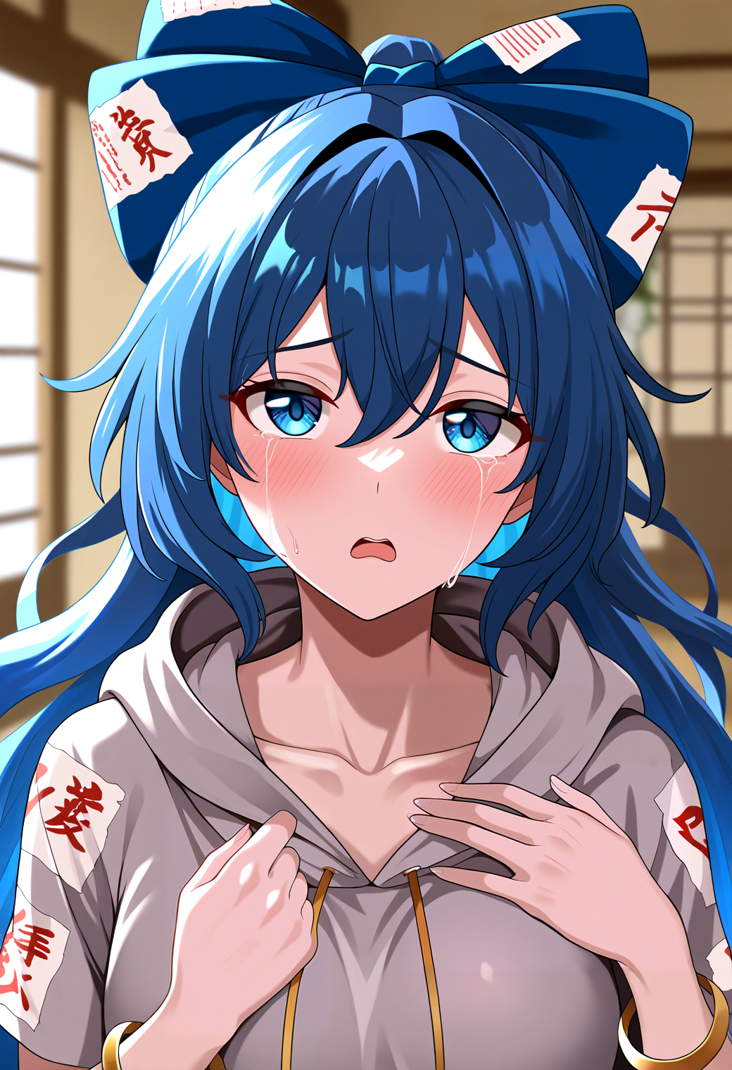 very awa, masterpiece, best quality, year 2024, newest, highres, absurdres, <lora:age_slider_v4:3> <lora:thicc_v1.4-pony:1.2>,detailed_background,indoors,upper body,blue eyes,wavy hair,hood down,touhou,solo,1girl,grey hoodie,highres,hand on own chest,emoji,hoodie,hood,very long hair,nap muntarou,blue hair,long hair,yorigami shion,bow,blue bow,open mouth,tears,looking at viewer,collarbone,half updo,crying,hair bow,hands up,crying with eyes open