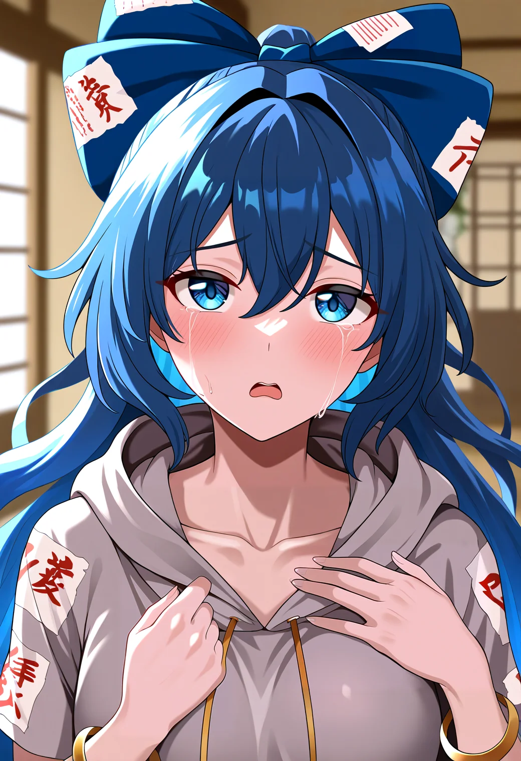 very awa, masterpiece, best quality, year 2024, newest, highres, absurdres, <lora:age_slider_v4:3> <lora:thicc_v1.4-pony:1.2>,detailed_background,indoors,upper body,blue eyes,wavy hair,hood down,touhou,solo,1girl,grey hoodie,highres,hand on own chest,emoji,hoodie,hood,very long hair,nap muntarou,blue hair,long hair,yorigami shion,bow,blue bow,open mouth,tears,looking at viewer,collarbone,half updo,crying,hair bow,hands up,crying with eyes open