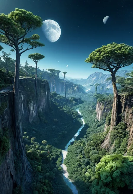 lush alien world,giant trees,aerial view,moon in low orbit,highly detailed,photorealistic,beautiful,