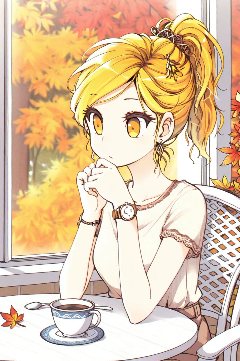 masterpiece, best quality, amazing quality,
<lora:CrzNghbr_IL:1> crznghbr, 1girl, solo, watch, blonde hair, sitting, leaf, chair, wristwatch, maple leaf, cup, alternate hairstyle, alternate costume, jewelry, coffee, earrings, ponytail, table, teacup, contemporary, autumn leaves, spoon, hair ornament, window, yellow eyes, autumn