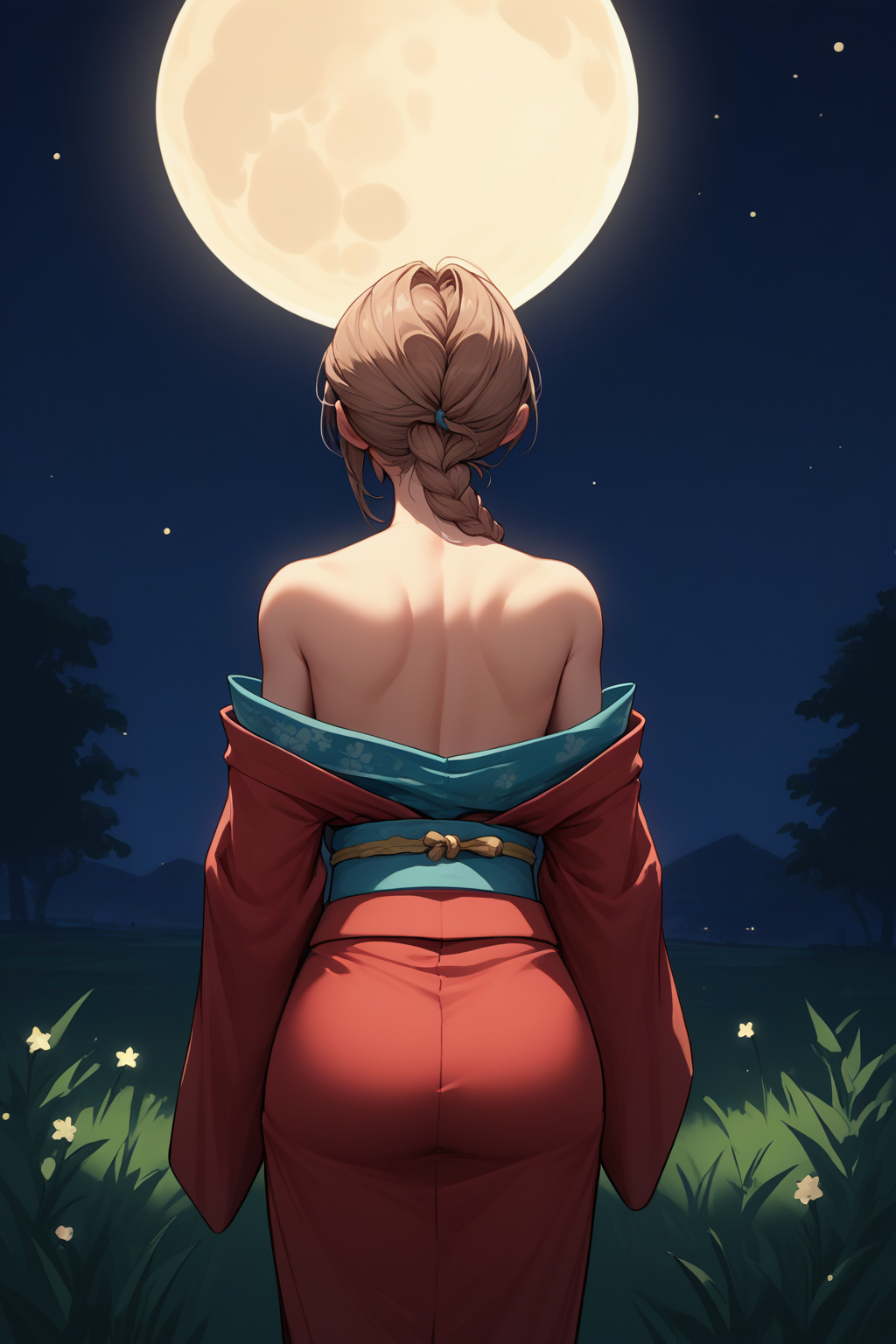 score_9, score_8_up, 1girl, solo <lora:NSJodiStardew:1> NSJodiStardew, light brown hair, single braid, from behind, bare shoulders, tripped kimono, red kimono, dark, night, full moon, stars