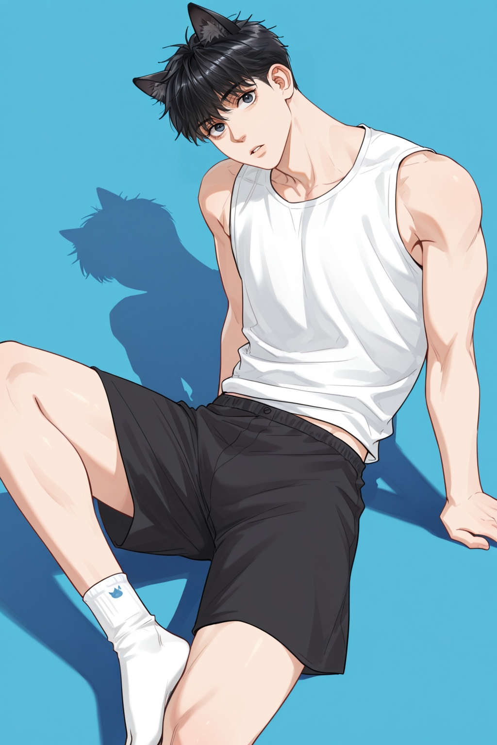 <lora:STS-IL:0.9>,wuyv,black hair,black eyes,1boy,solo,looking at viewer,cat ears,,sleeveless shirt, white shirt,black shorts,white socks,parted lips,bara,male focus,very awa,masterpiece,best quality,amazing quality,nsfw,uncersored,highres,best quality,amazing quality,best aesthetic,absurdres,