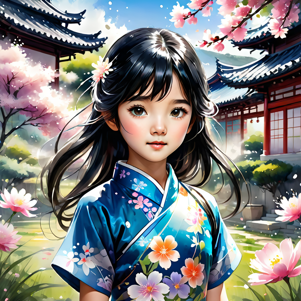 ink splashing,semi realistic, 2d game scene,oil and watercolor painting,
 <lora:fantasy_world:1>ï¼
(((child,little girl ,little girl face,cute,yong))), upper body,((((black hair)))), (solo:1.5), ((extremely?detailed)), ((detailed face)),(((masterpiece))), (((best quality))),(((extremely delicate and beautiful)))), ultra-detailed, (((beautiful detailed eyes))),(((qipao))), (cheongsam),  smile, long hair,? beautiful?detailed?eyes, beautiful?detailed?hair,((( flying petals))),  ((((floating hair)))) ,(((flowing))),clear face,garden,grassland,flowers