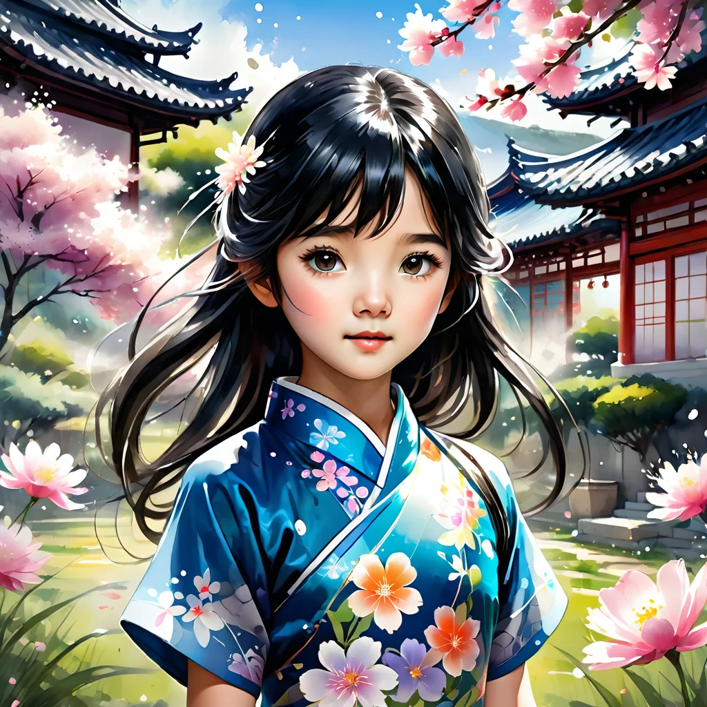 ink splashing,semi realistic, 2d game scene,oil and watercolor painting,
<lora:fantasy_world:1>ï¼
(((child,little girl ,little girl face,cute,yong))), upper body,((((black hair)))), (solo:1.5), ((extremely?detailed)), ((detailed face)),(((masterpiece))), (((best quality))),(((extremely delicate and beautiful)))), ultra-detailed, (((beautiful detailed eyes))),(((qipao))), (cheongsam), smile, long hair,? beautiful?detailed?eyes, beautiful?detailed?hair,((( flying petals))), ((((floating hair)))) ,(((flowing))),clear face,garden,grassland,flowers