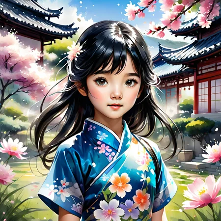 ink splashing,semi realistic, 2d game scene,oil and watercolor painting,
<lora:fantasy_world:1>ï¼
(((child,little girl ,little girl face,cute,yong))), upper body,((((black hair)))), (solo:1.5), ((extremely?detailed)), ((detailed face)),(((masterpiece))), (((best quality))),(((extremely delicate and beautiful)))), ultra-detailed, (((beautiful detailed eyes))),(((qipao))), (cheongsam), smile, long hair,? beautiful?detailed?eyes, beautiful?detailed?hair,((( flying petals))), ((((floating hair)))) ,(((flowing))),clear face,garden,grassland,flowers