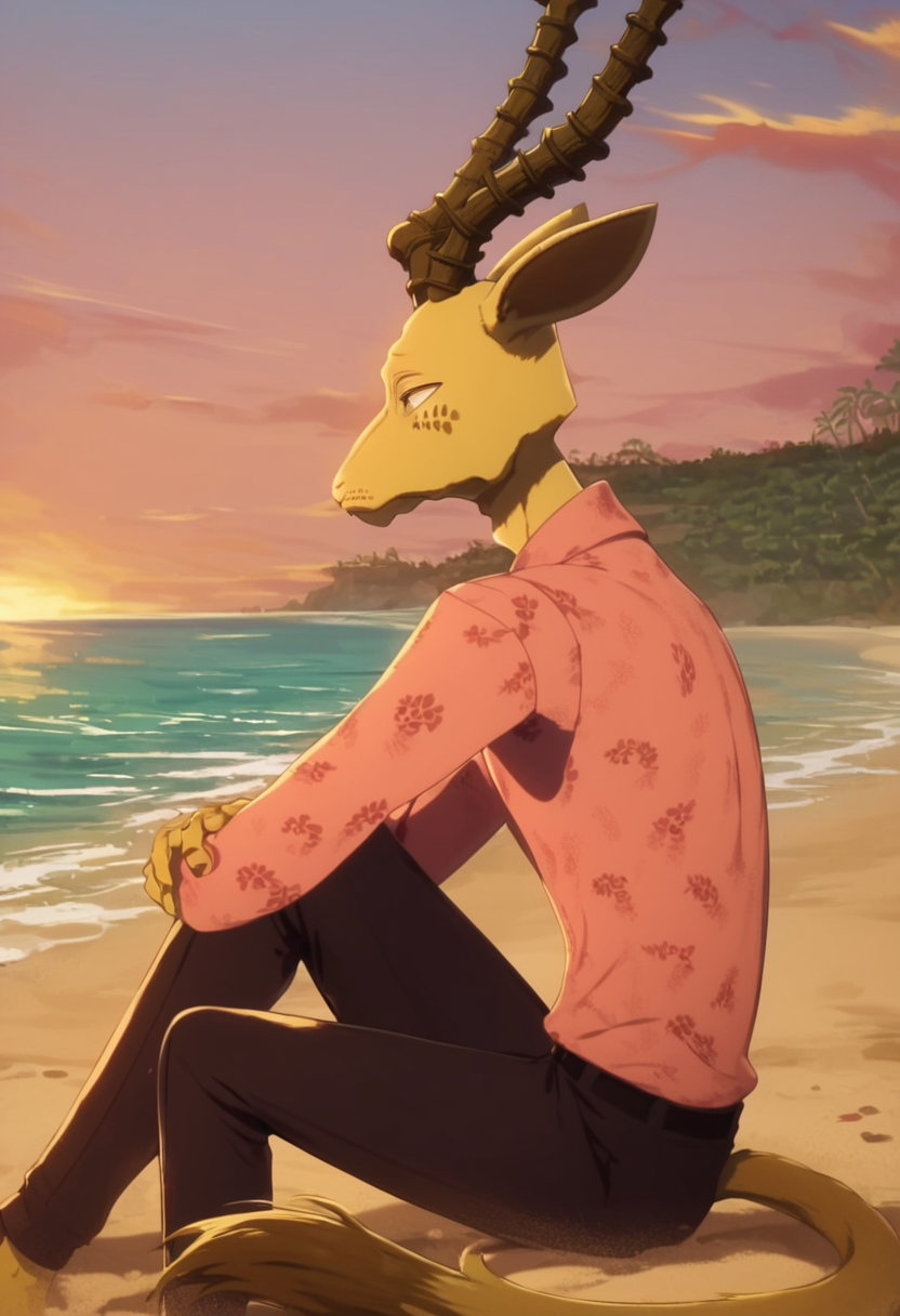<lora:Melon_-_Beastars:1>, score_9, score_8, score_8_up, score_7, melonbeastars, anthro, male, antlers, pink shirt, freckles,  sunset, beach, sand, from the side, sideview, snout, sitting, black pants, tail, frown, sad