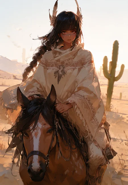masterpiece, best quality, very aesthetic, absurdres, ambient light, soft light, SagawaStyle, Rapscallionstyle,
high brightness, sunlight, 1 girl , solo , poncho , cowboy hat , voluptuous , riding horse, native american, tanned skin, face painting, trical tattoo, feather crown, cross_hairs ,braided long hair , dark hair, looking at viewer, dessert background, cactus, dune, masterpiece, best quality , side lighting,
high detail, soft shadows