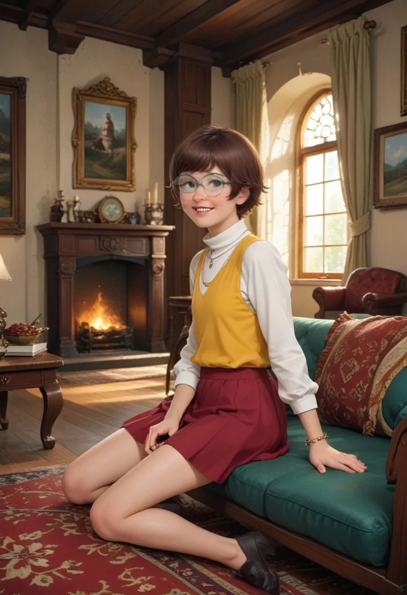 score_9, score_8_up, score_7_up, masterpiece, best quality, highly detailed, (masterpiece, best quality, highly detailed), very detailed face, hyperrealistic, (UHD quality details), beautiful face,
Sitting on luxurious sofa,
1 girl, legal age, young, petite, flat chest, small breast,
Luxurious earings, necklace, Bracelet,
Smile, happy,
velma, short hair, red hair, glasses, red pleated skirt, orange turtleneck,
Sitting on luxurious sofa,
Luxurious dining room, chateau, fireplace, fire in the fireplace, chandeliers, candles, window, carpet, curtains, paintings on the walls, table, sofa,
Cowboy shot, Dynamic move, Moving,
Working,
Side view