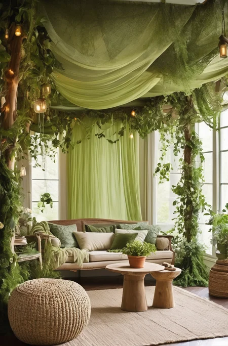 transform the living room into an enchanted forest by hanging sheer, green fabric from the ceiling to create a canopy effect, adding potted plants and trees, and using earthy tones and natural materials for the furniture and decor.