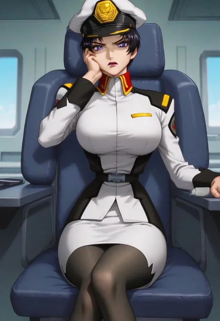 score_9, score_8_up, score_7_up, zPDXL3, Expressiveh, source: anime, anime screencap, anime coloring, natarle, 1girl, solo, blue sky, purple eyes,black hair,short hair, purple lips, perfect face, detailed face, perfect lips, ultra-detailed eyes, detailed hair, (perfect anatomy, perfect proportions), large breasts, ultra-narrow waist, ultra-fit figure, ultra-flared hips, ultra-round ass, butt crack, tight ass, shapely legs, peaked cap, military uniform, skirt, pantyhose, boot, indoors, detailed backgrounds, science fiction, naval warship interior, modern warship, command bridge, sitting in captain's chair, leaning back on chair, sci-fi consoles, crew in background, hand on cheek, thinking emoji, furrowed eyebrows, disgusted, grimacing, parted lips, determined, looking at the viewer, close-up on face, portrait, focus on face, viewed from front