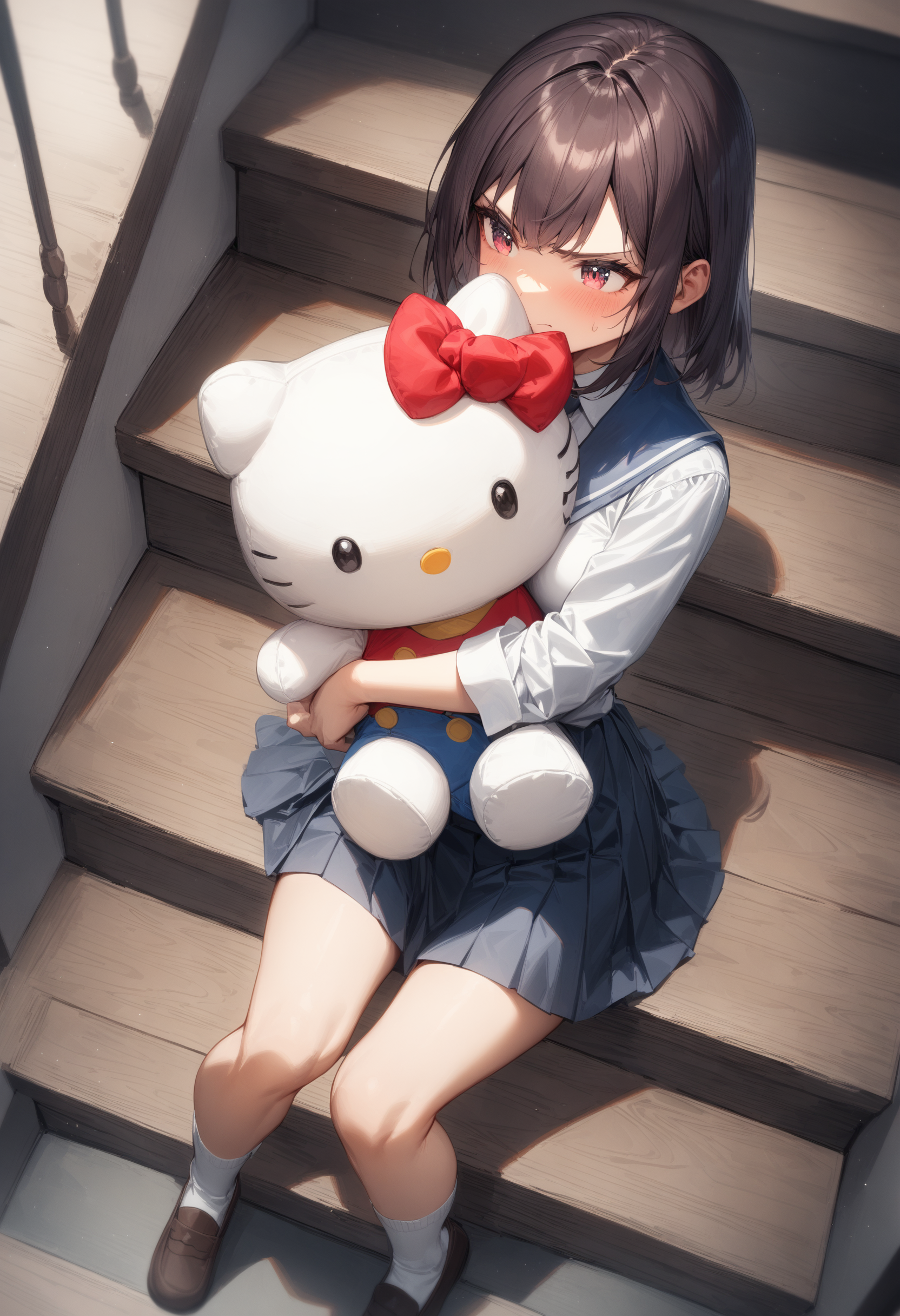 1girl, <lora:sdxl2-flat2-512b:-1>,medium breasts,school uniform,
hello kitty, stuffed toy, holding,holding stuffed toy,<lora:hellokitty_XL_v1:0.7>
from above, cinematic angle, looking to the side, angry, stair landing, closed mouth,
masterpiece, best quality, very aesthetic, absurdres