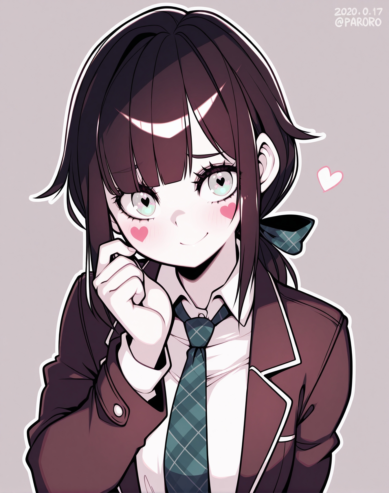 <lora:_parororo_NAIXL-000025:1> art by parororo, best quality, masterpiece, uncensored, source_anime, 1girl, solo, hat, necktie, smile, black hair, looking at viewer, upper body, white shirt, facial mark, collared shirt, long sleeves, grey background, simple background, bangs, brown jacket, closed mouth, short hair, blunt bangs, hand up, brown eyes, hair bow, long hair, coat, fingernails, medium hair, plaid, wing collar, ponytail, green eyes, sidelocks, dress shirt, ribbon, hair ribbon, eyebrows visible through hair, purple eyes, twitter username, virtual youtuber, low ponytail, symbol-shaped pupils, dated, grey eyes, school uniform, open clothes, buttons, open jacket, yellow eyes, deviantart username, blue eyes, shiny, brown hair, shiny hair, alternate costume, heart, eyelashes, blush, uniform