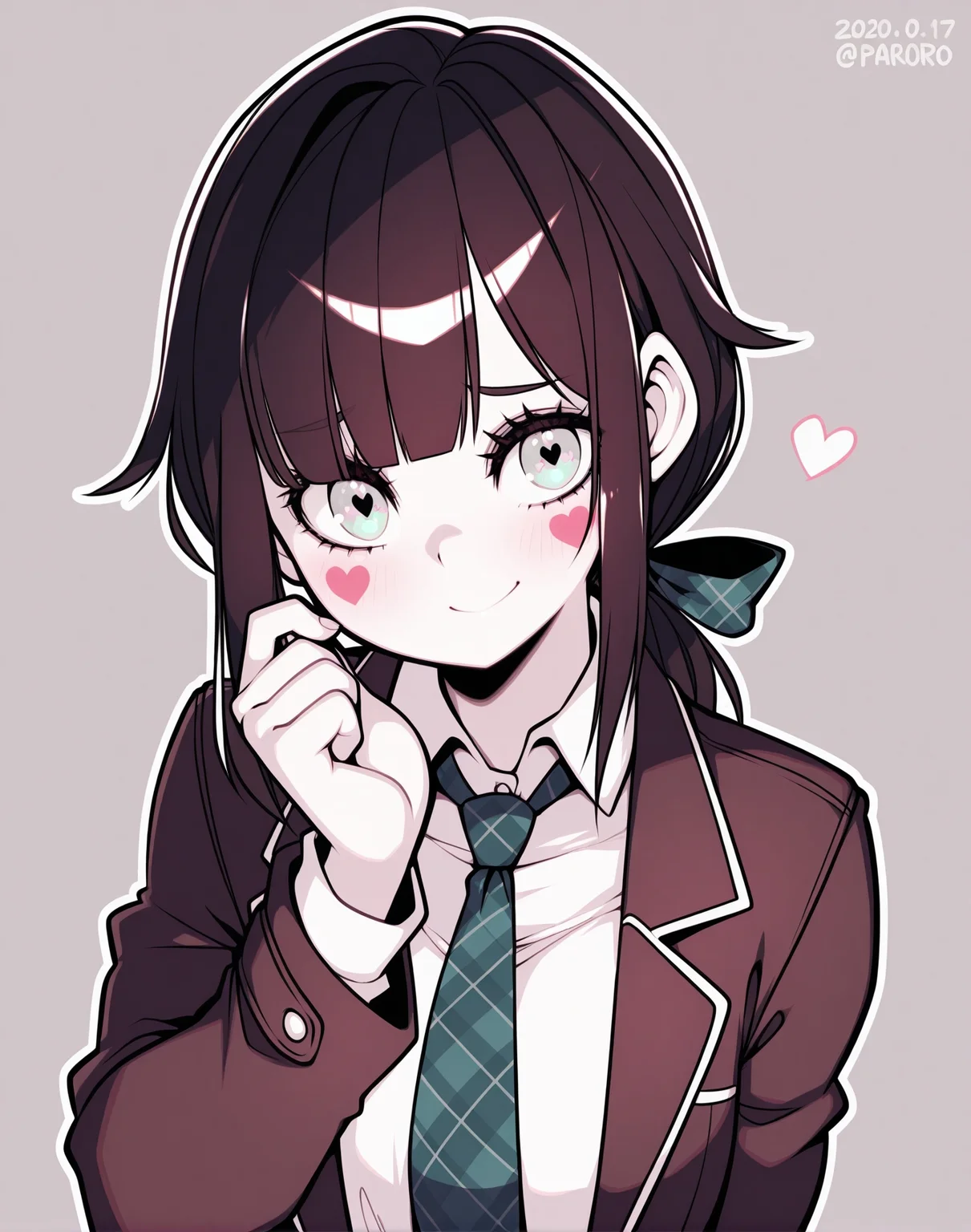 <lora:_parororo_NAIXL-000025:1> art by parororo, best quality, masterpiece, uncensored, source_anime, 1girl, solo, hat, necktie, smile, black hair, looking at viewer, upper body, white shirt, facial mark, collared shirt, long sleeves, grey background, simple background, bangs, brown jacket, closed mouth, short hair, blunt bangs, hand up, brown eyes, hair bow, long hair, coat, fingernails, medium hair, plaid, wing collar, ponytail, green eyes, sidelocks, dress shirt, ribbon, hair ribbon, eyebrows visible through hair, purple eyes, twitter username, virtual youtuber, low ponytail, symbol-shaped pupils, dated, grey eyes, school uniform, open clothes, buttons, open jacket, yellow eyes, deviantart username, blue eyes, shiny, brown hair, shiny hair, alternate costume, heart, eyelashes, blush, uniform