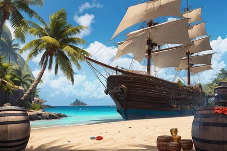(illustration:1.2), (beautiful caribbean beach pirate landscape), fantasy, sharp focus, (ultradetailed), (ship galleon:1.2), pirate (village), leafy beach coast, (treasure chest with coins, gems and jewels, rum barrel, best quality masterpiece, bright sunny sky, backlight, natural lights, high contrast, hdr, shadows, pretty, beautiful, (PirateDiffusionprt:0.5), <lora:Pirate:0.3> PrateT <lora:PirateRealms:0.3> <lora:Detail Tweaker LoRA add_detail:0.7> <lora:depth_of_field_slider_v1:5> <lora:SDXLrender_v2.0:0.8>