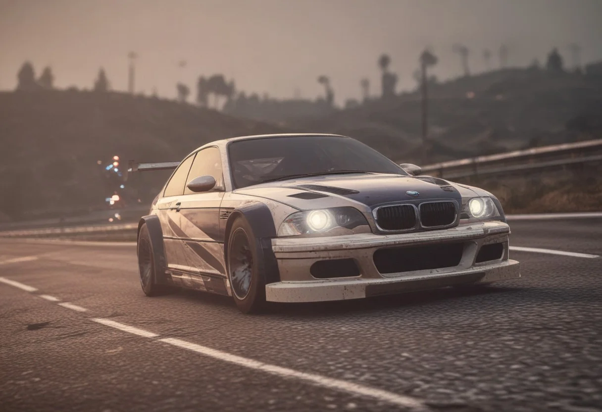 BMW M3 GTR, Need for Speed Most Wanted 2012, in a highway, greenery everywhere, evening orange and pink sky, nature around the road, lens flare, a lot of traffic, NFSMW