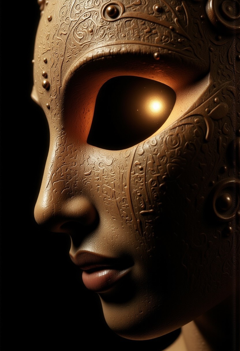 An ultra close-up portrait of an Ancient Hindu Devi, showing just over half of her face, framed asymmetrically from the left. Her head is tilted slightly upward, creating an intimate, haunting perspective.
Her head is a hollow, featureless piece of carved wood, shaped into a smooth, rounded form without facial features. Only the left half of the wooden head is visible, showing the rich texture of polished wood with faint carved patterns resembling sacred mantras.
In the center of her forehead, there is a Third Eye-shaped cutout, its edges smooth and precise, resembling the Ajna chakra symbol. The void is hollow and dark, but a soft, golden light glows dimly within, casting delicate rays through the Third Eye-shaped cutout. The light is ethereal and mystical, creating a divine, supernatural aura.
The wooden surface is smooth and polished, reflecting the soft golden light faintly. The Third Eye-shaped void draws the viewer’s gaze into the empty darkness within, symbolizing cosmic vision and divine consciousness.
The background is shadowy and minimal, fading into darkness, ensuring the focus remains on the wooden head and the dim golden light. The contrast between the ancient, divine symbol and the modern, surreal void creates a haunting narrative of spiritual awakening and divine emptiness.