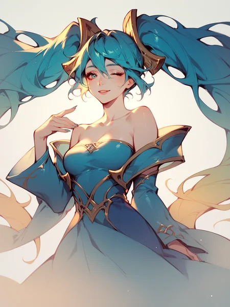 score_9, score_8_up, score_7_up, SonaNormal, 1girl, solo, golden hairpins, long turquoise hair, two tails hairstyle, long blue dress, two colored hair <lora:SonaNormal:1>