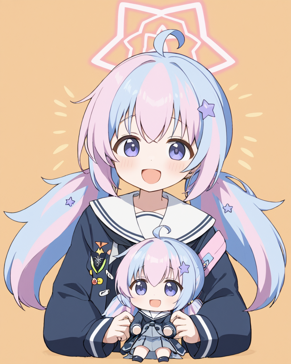 reisa \(blue archive\), >_<, star_hair_ornament, open_mouth, 3girls, halo, star_\(symbol\), chibi, ahoge, twintails, hug, >o<, sailor_collar, long_sleeves, virtual_youtuber
<lora:reisa_(blue_archive)_image894_2023-11-28:1>halo. gorgeous,key visual, vibrant, studio anime,award-winning, professional, highly detailed,high budget, cinemascope