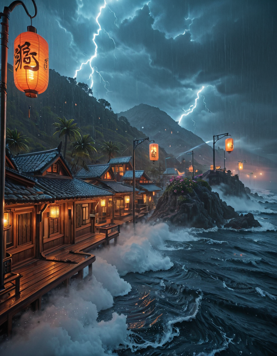 <lora:Space_Worlds_Minis_5:1> swminis5bis, in asia, beautiful landscape, seaside, storm, lightnings, trees, kanji, rain, wet, flowers, huge lanterns, traditional house on an island, waves