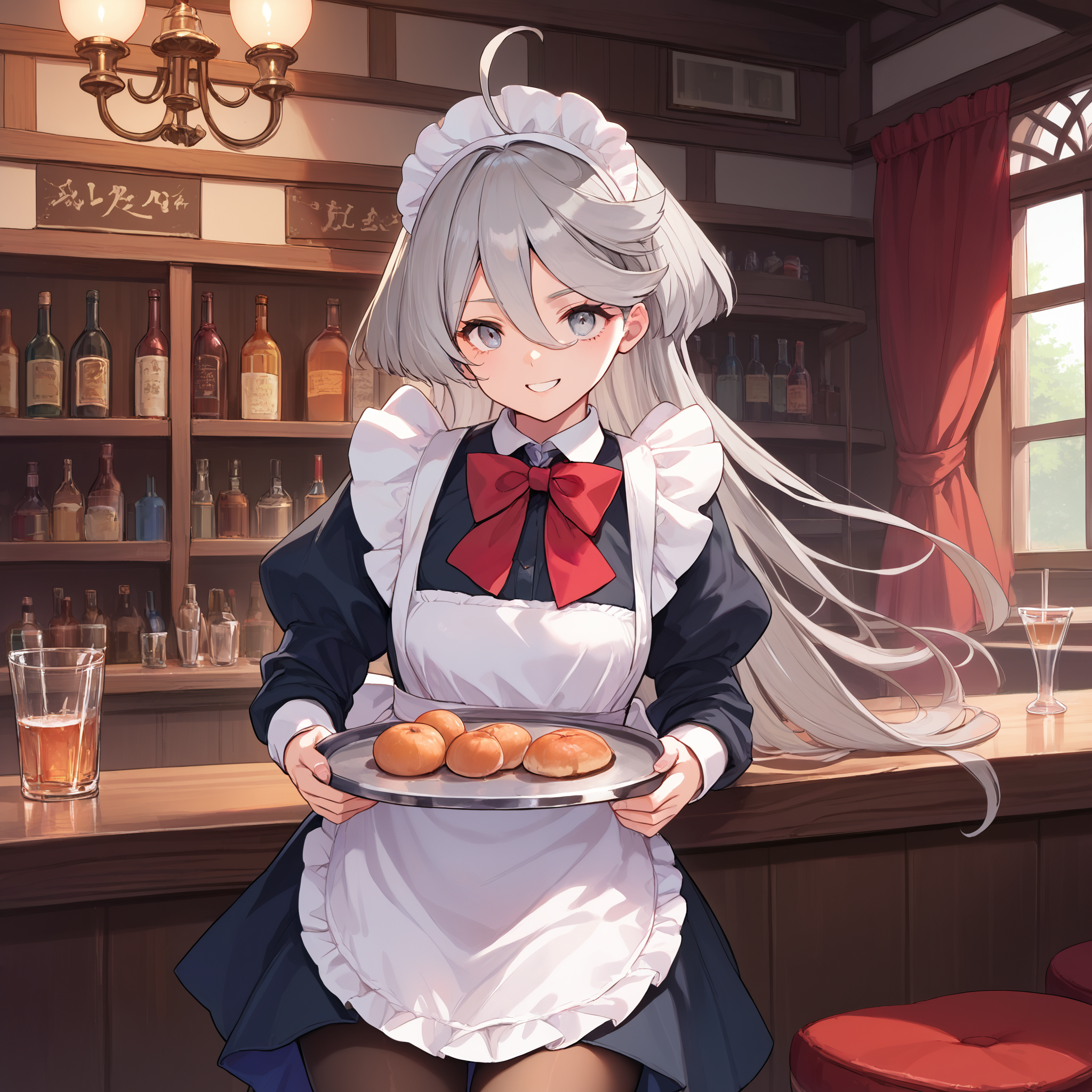 score_9, score_8_up, score_7_up, score_6_up, score_5_up, score_4_up, BREAK source_anime, look at viewer, 1girl, indoors, bar, masterpiece, best quality, high detailed skin,  miorine rembran, grey hair, long hair, ahoge, grey eyes, maid, maid headdress, maid apron, pantyhose, holding tray, smiling, bowtie,
