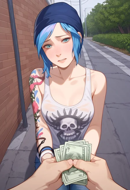 Score_9_up, score_8_up, score_7_up, BREAK, pov, 1girl. chloe price, dark blue beanie, tank top with skull, arm tattoo, shy, blushing, moneytime, handing over money, night time, dirty street, Expressiveh