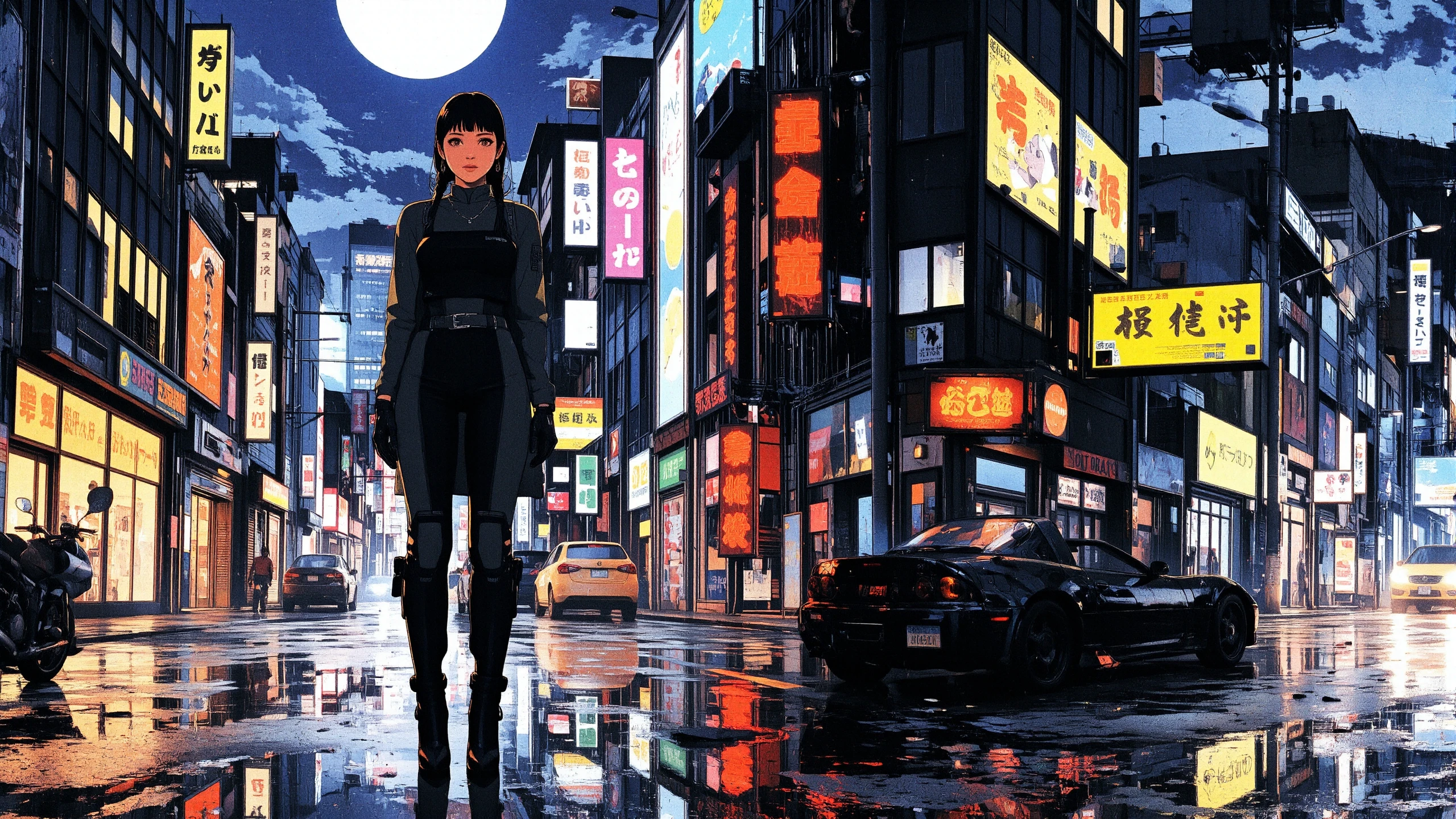 Portuguese braided hairstyle black hair (young woman), anime, illustration, cyberpunk, futuristic, (extremely detailed), (portrait), (standing:1.3), (happy smile), (beautiful cyberpunk tokyo buildings landscape), wet floor, windows, motorbike, car, moon in the sky, (bright neon lights), screen holograms, kanjis, raytracing, hdr, high contrast, ethereal cinematic lights, backlight, reflections, (legs), heels, (sharp focus), luminous Corn Green robot glossy brilliant armor, body lights, body circuits, glossy lipstick, necklace, rectangle earrings, colorful, retrowave, shadows, vibrant colors, pretty, beautiful, feminine, sexy, lovely, in love, adorable, fashion,  <lora:Hand v2:1> <lora:Anti-Blur:1> <lora:RetroAnimeFluxV1:0.4> <lora:CPA:0.8> <lora:Luminous_Shadowscape:0.4>