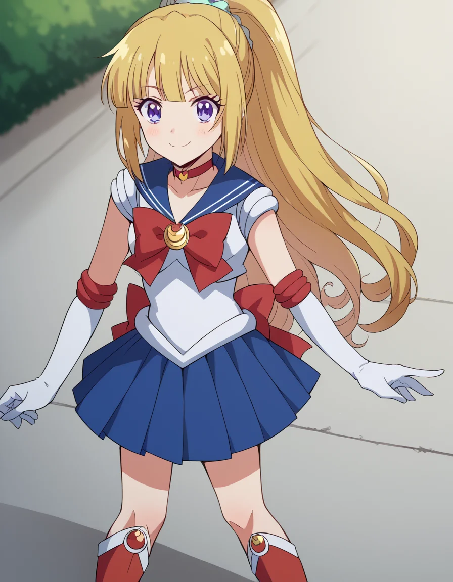 score_9, score_8_up, score_7_up, source_anime, keikaruizawa, <lora:kei-karuizawa-anime-s2-ponyxl-lora-nochekaiser:1>, kei karuizawa, long hair, bangs, blunt bangs, purple eyes, blonde hair, hair ornament, ponytail, scrunchie, blue scrunchie,, <lora:sailor-moon-cosplay-ponyxl-lora-nochekaiser:1>, sailormooncosplay, sailor moon \(cosplay\), back bow, blue sailor collar, blue skirt, boots, bow, brooch, choker, crescent moon, elbow gloves, gloves, jewelry, knee boots, magical girl, pleated skirt, red bow, red choker, ribbon, sailor collar, sailor senshi uniform, skirt, white gloves,,, outdoors, streets, smile, blush,, cowboy shot, dutch angle, solo,