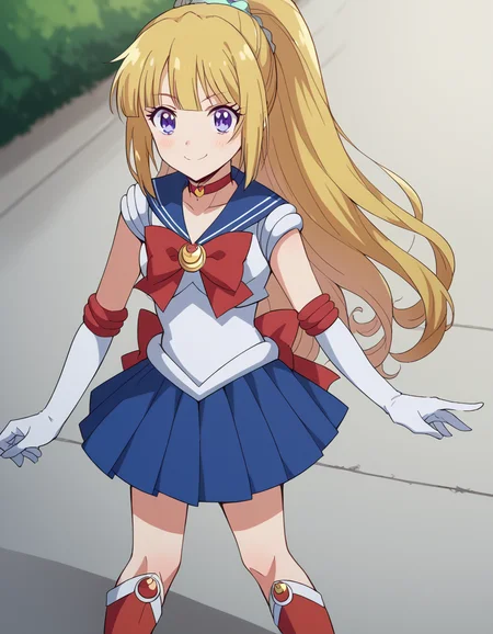 score_9, score_8_up, score_7_up, source_anime, keikaruizawa, <lora:kei-karuizawa-anime-s2-ponyxl-lora-nochekaiser:1>, kei karuizawa, long hair, bangs, blunt bangs, purple eyes, blonde hair, hair ornament, ponytail, scrunchie, blue scrunchie,, <lora:sailor-moon-cosplay-ponyxl-lora-nochekaiser:1>, sailormooncosplay, sailor moon \(cosplay\), back bow, blue sailor collar, blue skirt, boots, bow, brooch, choker, crescent moon, elbow gloves, gloves, jewelry, knee boots, magical girl, pleated skirt, red bow, red choker, ribbon, sailor collar, sailor senshi uniform, skirt, white gloves,,, outdoors, streets, smile, blush,, cowboy shot, dutch angle, solo,