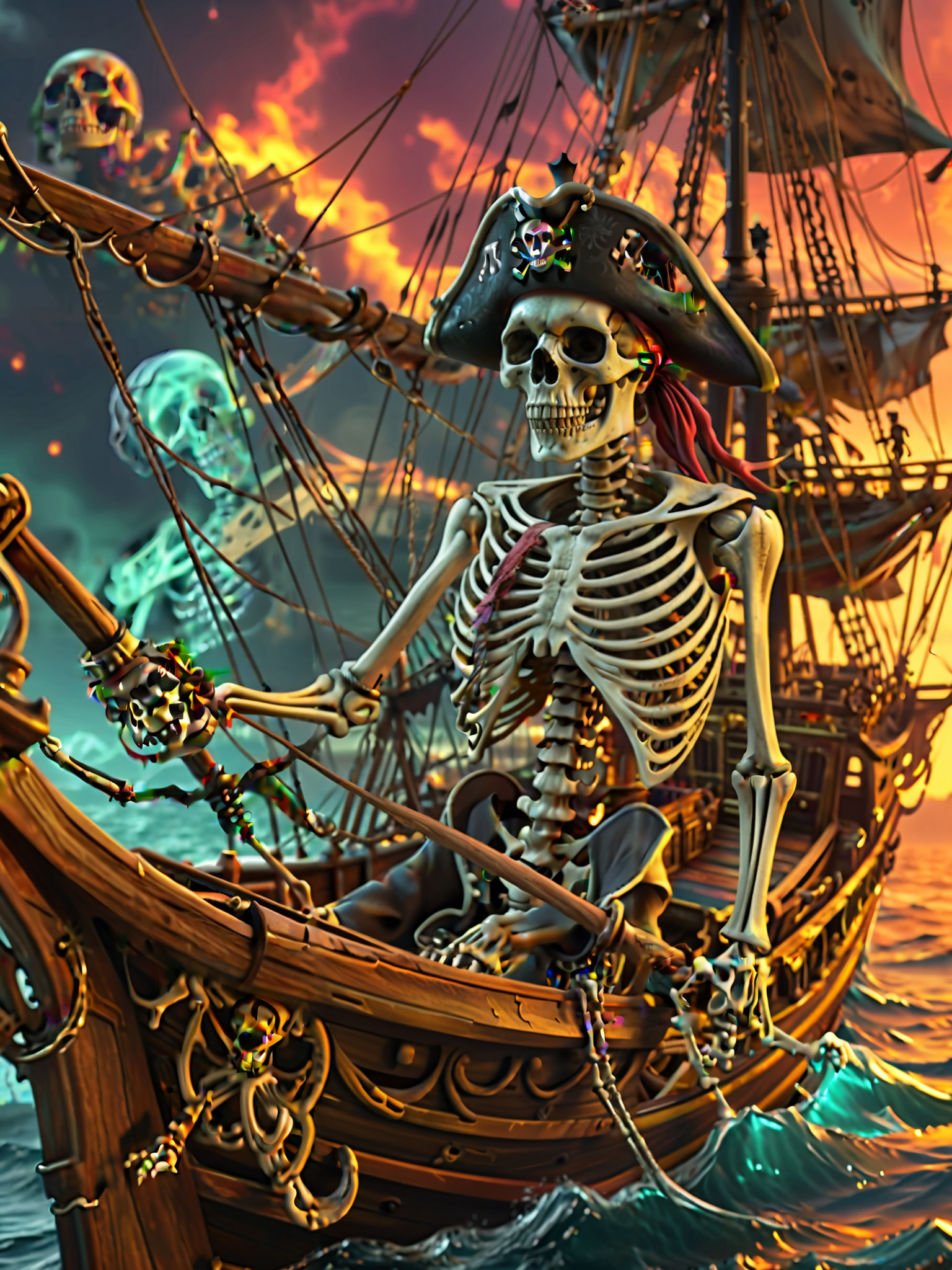 skeleton pirate steering his ghost ship to utter doom , fractal pattern background.   8k, masterpiece vivid colors,  <lora:add-detail-xl:3>
