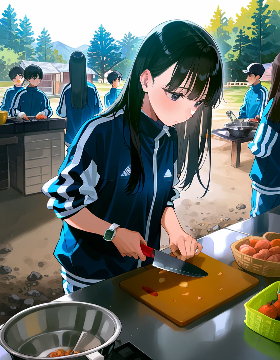 score_9, score_8_up, score_7_up, anime, solo, 1girl, one girl, 
Black hair, (chest length hair:1.2), Straight Hair, bangs, one tucked behind ear, black eyes, feature large highlight, feature double highlights, shaped eyeblow,
sensitive,
<lora:ensoku:1>, ensoku, 
multiple boys, jacket, food, multiple girls, track jacket, outdoors, cooking, watch, track suit, day, tongs, cutting board, holding, cooking, cutting, hangousuisan, kitchen knife, cookhouse, camp,
(kasukabe akira:0.5), (masterpiece:1.3), best quality, high resolution, unity 8k wallpaper, (illustration:1.2), 8K,